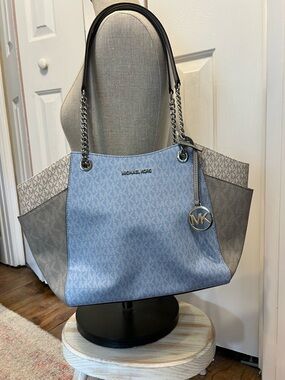 Michael Kors Light Blue and Gray Signature Tote with Chain-Strap Accent